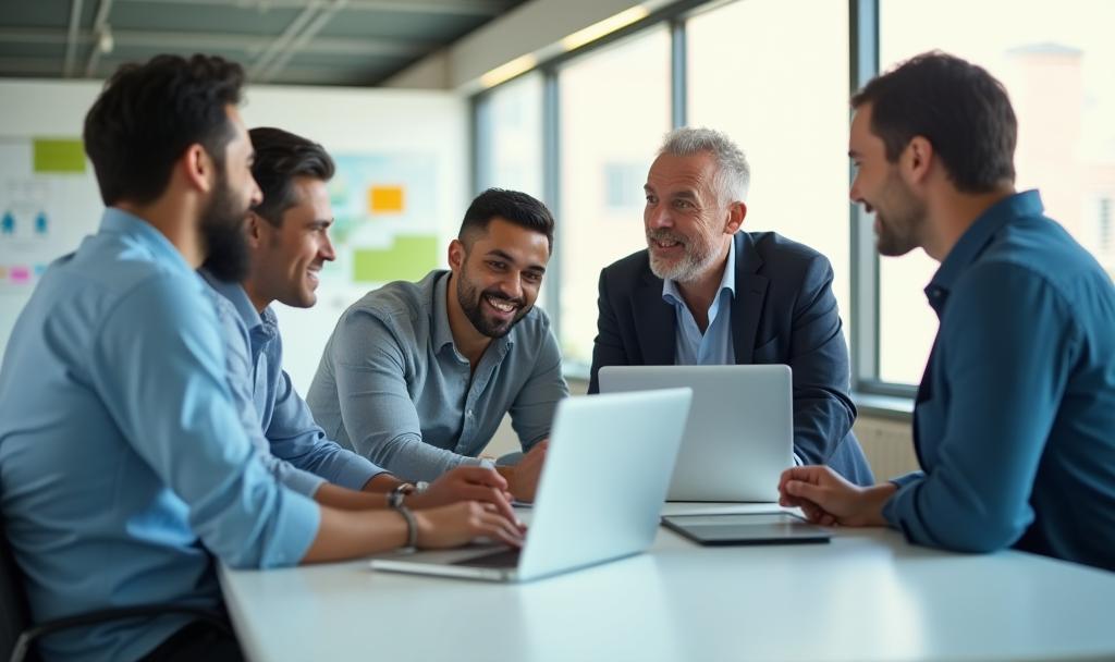 Diverse team collaborating in a modern office environment, symbolizing innovation and teamwork at Connecta Mobile Solutions