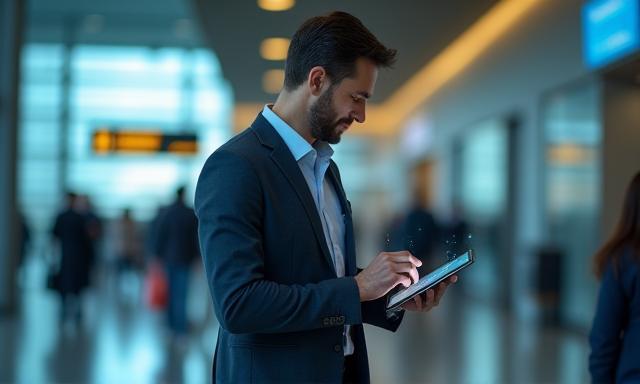 Business professional using a tablet on the go, symbolizing enterprise mobility